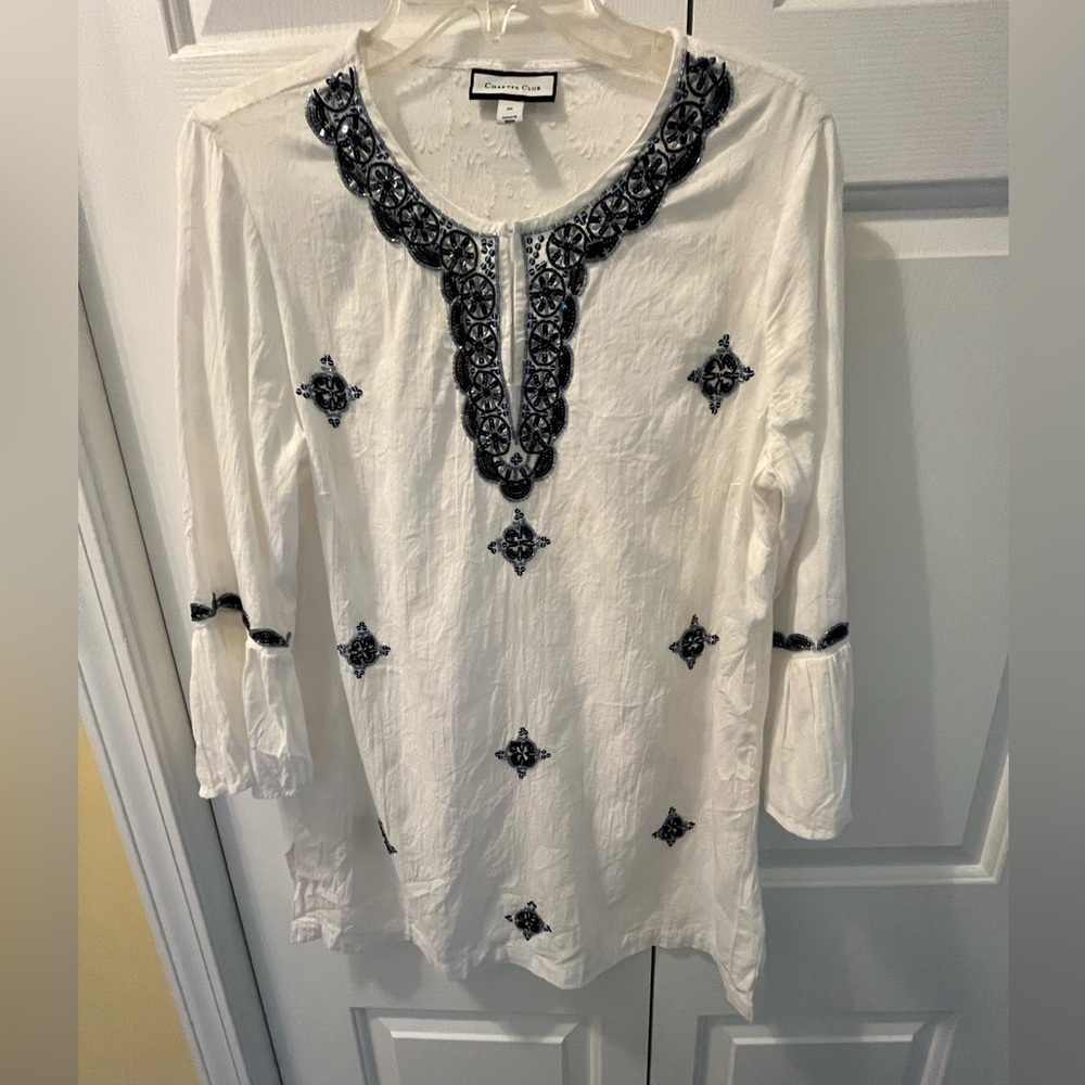 Charter Club White Notch Neck Navy Blue and White Embellished Tunic Size M